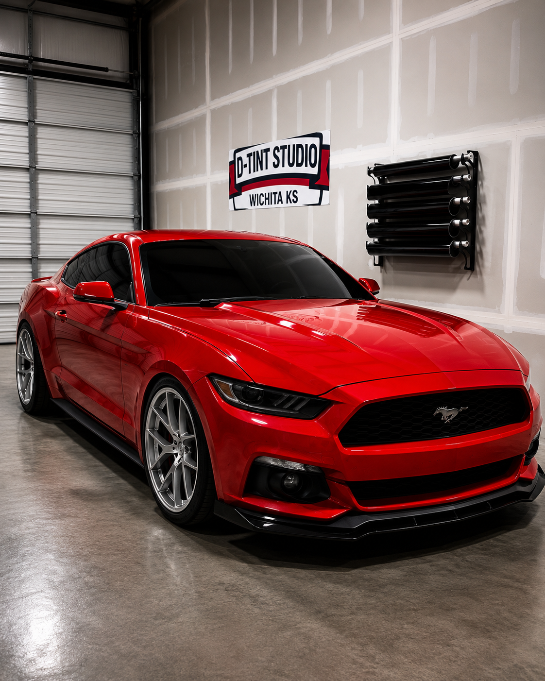 Red Ford Mustang tinted at D Tint Studios Wichita